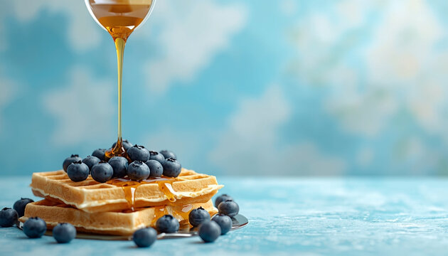 A stack of waffles with blueberries and syrup on a blue background With copy space