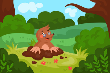 Obraz premium Mole. Cartoon forest background. Animal in hole in green park. Lifestyle of child character in green forest meadow. Friendly children mascot in colorful landscape. tidy wildlife illustration