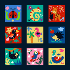 Obraz premium Children pattern. Background with animal. Graphic Matisse. Colorful floral leaves. Decorative naive poster, doodle cards with birds and insects. Modern kid minimal collection. baby tidy design