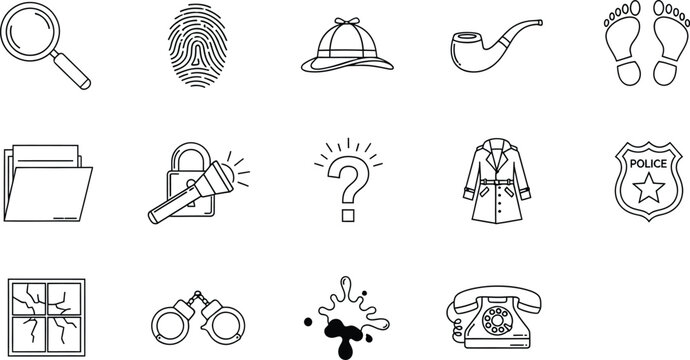 Black and white line art collection representing detective investigation tools and crime scene evidence