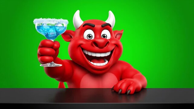 A powerful muscular red minotaur mascot character holding a refreshing green glass bottle of sparkling lime soda on a black background 3D render illustration