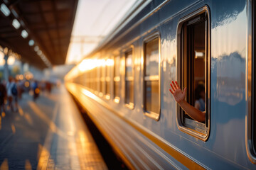 Obraz premium Suburban Train Journey Hand Waving Goodbye from Window in Golden Sunset