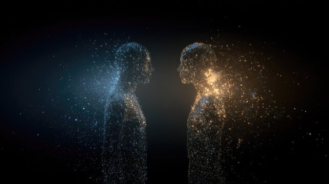 Abstract depiction of two figures facing each other with digital particles