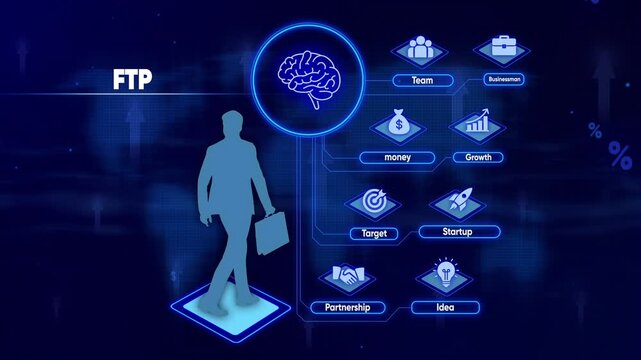 FTP concept with businessman and business icons connected to a brain in a digital network File Transfer Protocol