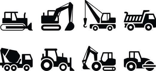 Vector Collection of Heavy Construction Machinery Icons Featuring Bulldozer Excavator Crane Dump Truck Cement Mixer and Tractor Silhouettes for Industrial Design © rakib's world