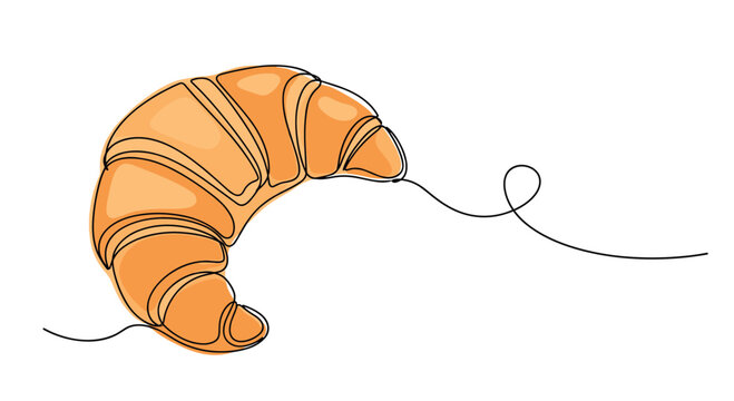 Continuous line drawing of a golden brown croissant bread with a simple artistic style and a splash of orange color on white background.