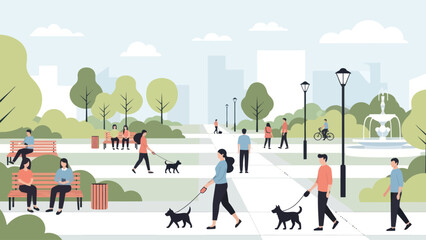 People enjoying leisure activities in a vibrant urban park on a sunny day. © Wicaksono