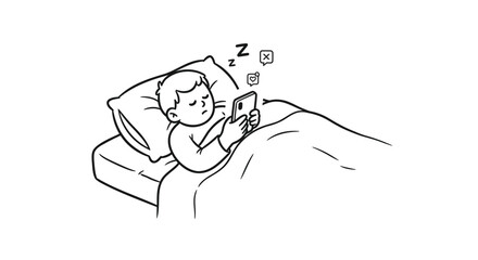 Obraz premium Child lying in bed sleeping while using a smartphone at night