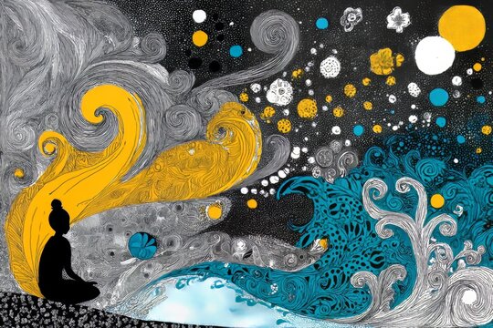 Silhouette of person meditating amidst swirling cosmic patterns and celestial bodies