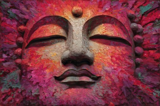Close-up of a serene Buddha face with vibrant, textured paint strokes in shades of pink and orange