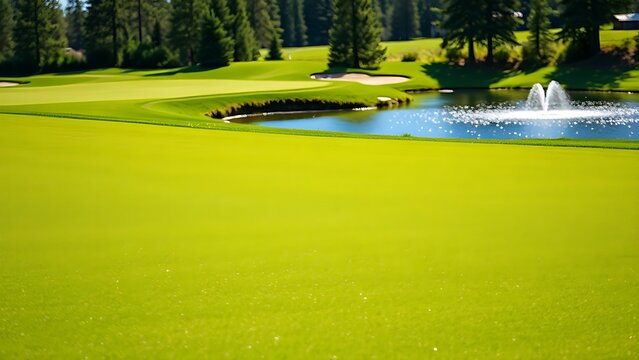 oligarchy. A golf course with manicured grass and water hazards under a sunny sky. event key visuals, club posters, designed for sports event promotions and stadium branding, drives event promotion.
