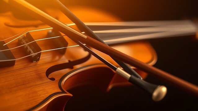 pernambuco. A violin bow in motion with blurred strings, wooden texture under warm lighting. travel magazines, destination branding, designed for outdoor magazines and nature guides.