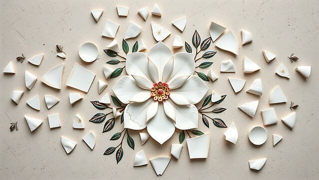 guyot. Broken porcelain fragments reassembled into an elegant floral mosaic on a neutral surface, top-down view. menu design.