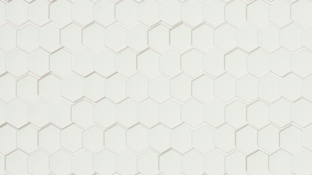 Abstract white hexagonal tile pattern in a dynamic 3D arrangement