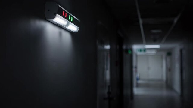 Medium shot of LED emergency lighting system glowing in a hallway during power outage the rest of the scene dimmed and out of focus to highlight safety features.