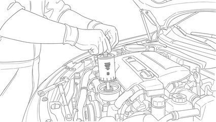 Obraz premium Mechanic replacing car engine oil filter in detailed line art