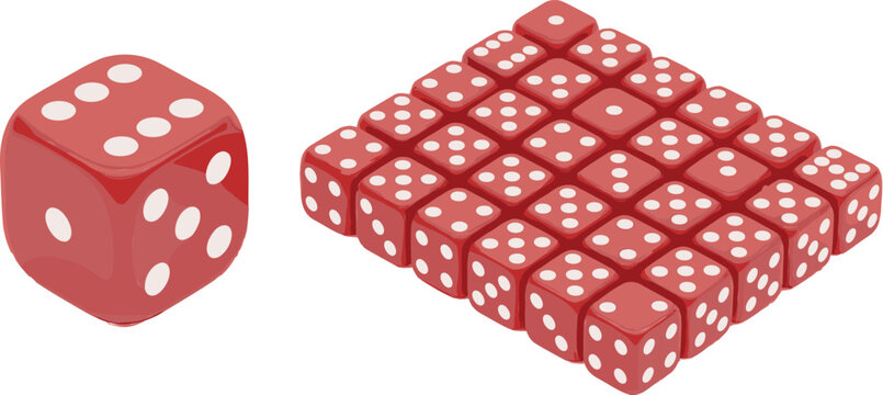 Realistic red glossy dice set with white pips, single isolated 3D die and large grid of multiple cubes for gambling and probability.