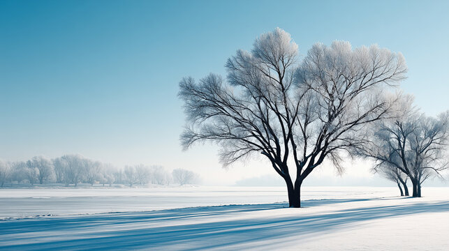 Serene winter landscape with frost-covered trees casting long shadows across a snowy field under a clear blue sky.