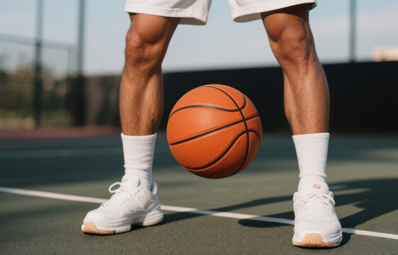 A close-up of a basketball player&rsquo;s legs holding an orange basketball between the knees on a wooden court, wearing white shorts, socks, and sneakers