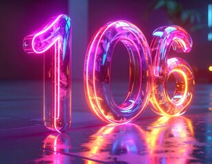 Vibrant Neon Number 106 Glowing in Reflective Setting.