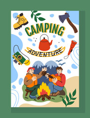 Naklejka premium Camping adventure poster. People play guitar in camping. Men singing near campfire. Relax and adventures in mountain. Travel in forest. Happy traveler characters cartoon flat illustration