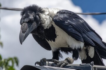 Majestic black and white bird perched on a metal railing against sky