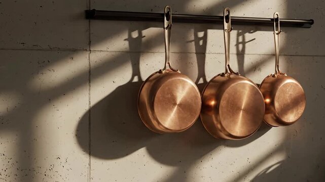 Copper pots hanging on rack with sunlight and shadows in kitchen