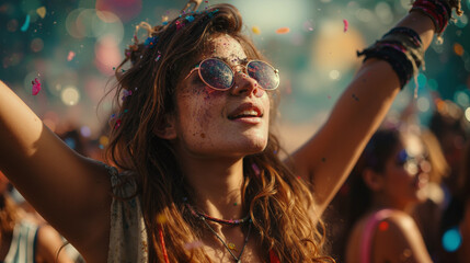 Obraz premium Young woman enjoying a vibrant outdoor music festival with raised arms, colorful lights and joyful energy, celebrating freedom, live music, summer, youth culture and unforgettable moments