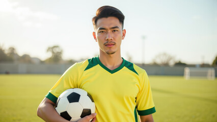 Young male athlete stands confidently soccer field, wearing bright yellow jersey with green accents, holding soccer ball. background features