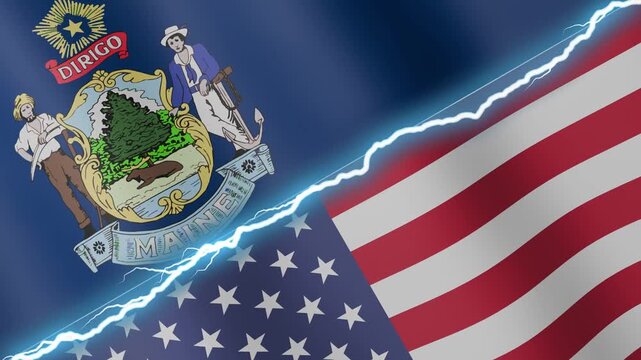 Two waving flags Maine and United States with diagonal lightning seamless, 4k loop