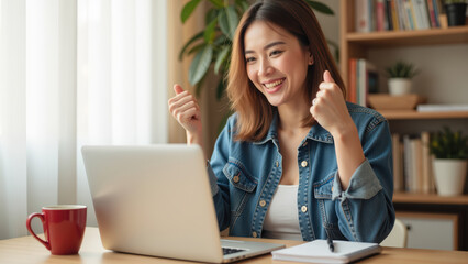 Obraz premium Happy woman celebrating success while using laptop at home, showing excitement and joy
