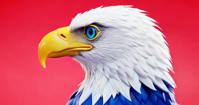 Bald eagle head portrait with colorful feathers on red background  
