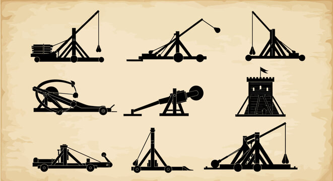 Medieval siege weapons vector silhouette set: trebuchet, catapult, ballista, battering ram, siege tower, isolated on white
