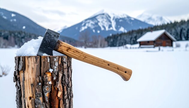 Axe in a tree stump in a snowy mountain landscape with a cabin in the background.