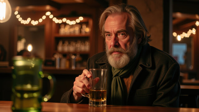 Thoughtful man with beard sits at bar, holding glass of beer. Warm lighting creates cozy atmosphere, enhancing reflective mood