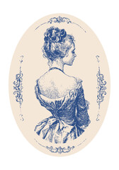 modern rococo inspired cameo poster with young lady, romance look, classical vintage ornament details, elegant pose