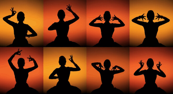Indian classical dancer silhouettes in various mudra poses, vector illustration on orange gradient background