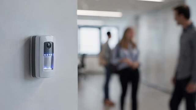 Medium shot of a wallmounted sensor unit alerting staff by flashing lights the device crystal clear while the motion in the background stays gently blurred to show discreet
