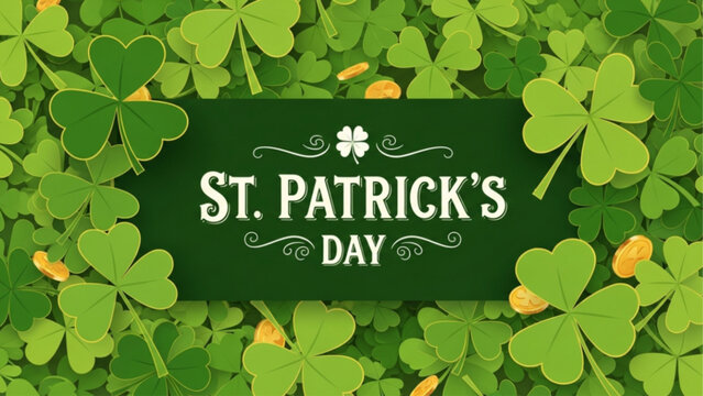 St. Patrick&rsquo;s Day Clover Frame Background with Shamrock Leaves and Gold Coins for Holiday Banner and Poster