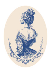 modern rococo inspired cameo poster with young lady, romance look, classical vintage ornament details, elegant pose