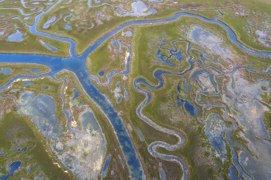Aerial view of winding waterways carving through the landscape, creating a mesmerizing tapestry of blues and greens, Lio Piccolo, Veneto, Italy.