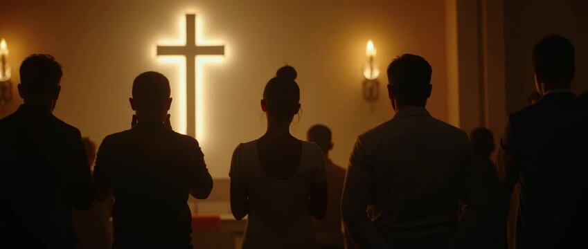 People in Church with Cross Silhouette, Peaceful Worship Service