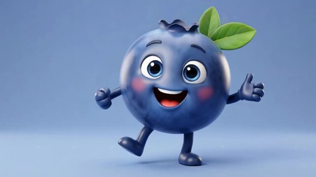 Funny Blueberry Mascot Dancing with Thumbs Up 3D Animation, Cute Cartoon Berry Character for Kids, Healthy Superfood Concept, 4K Footage