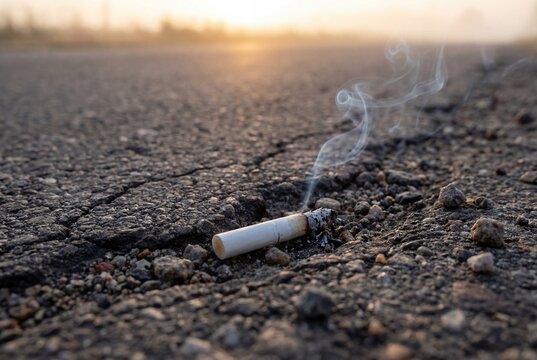 Smoldering discarded cigarette butt lying on cracked asphalt road with smoke rising at sunset