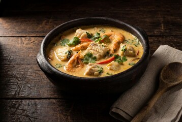 Traditional brazilian moqueca fish stew with shrimp and coconut milk in a clay bowl on wood