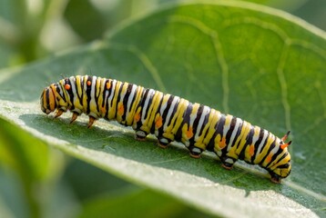 Naklejka premium Colorful yellow and black striped caterpillar crawling on a green leaf in a sunny summer garden