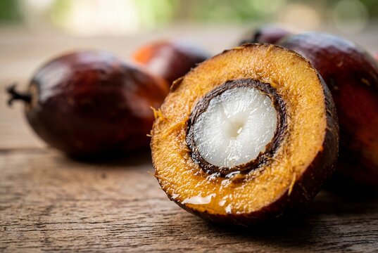 Halved oil palm fruit with visible white kernel and fibrous orange mesocarp on wood