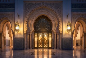 Majestic islamic mosque interior with symmetrical arches and glowing lanterns over marble floor