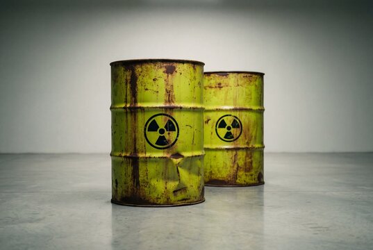 Two rusty yellow radioactive waste barrels with black warning symbols standing on a grey concrete floor