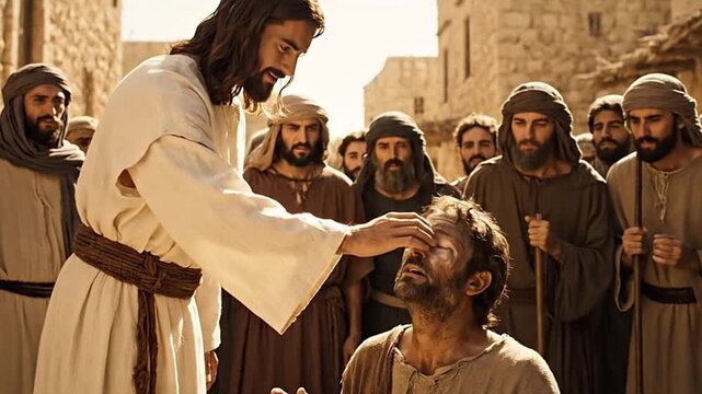Jesus Healing Man Surrounded by Crowd in Ancient City  
